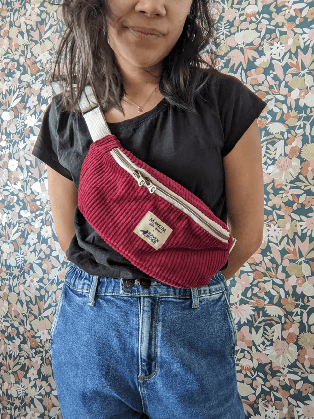 Sac banane velours bordeaux (sangle beige)